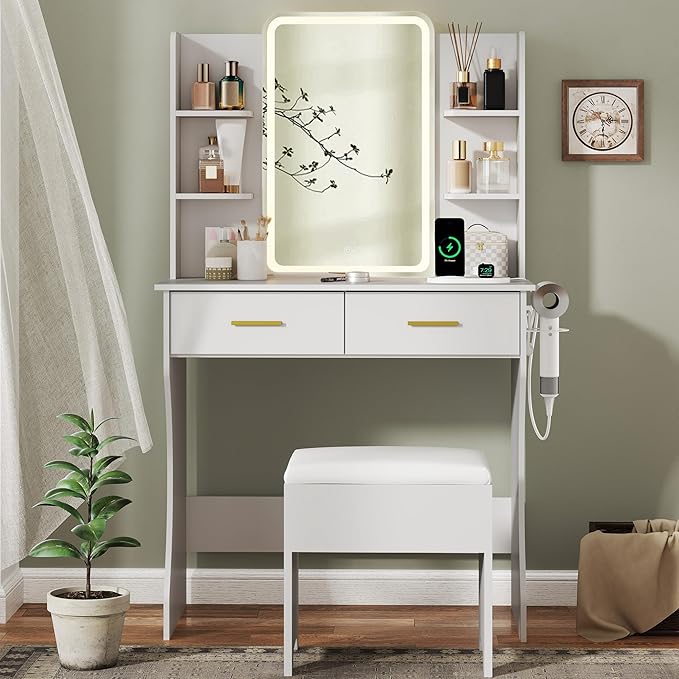 Small Vanity Desk with Mirror and Lights, Makeup Vanity Table Set with 3 Lighting Modes & Adjustable Brightness, Power Outlet, Storage Drawers, Cushioned Stool, Dressing Table for Women Girls