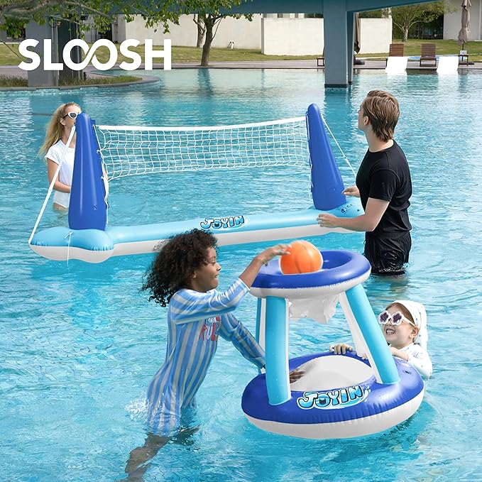 JOYIN Inflatable Volleyball Net & Basketball Hoops Pool Float Set; Balls Included for Kids/Adults, Summing Pool Game, Floating, Summer Floaties, Volleyball Court |Basketball,L-Dark Blue