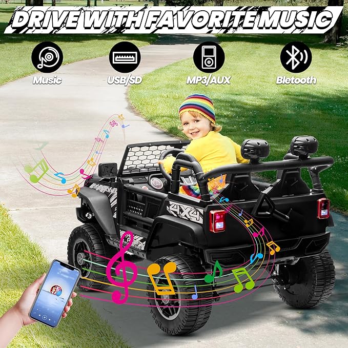 JOYRACER 24V 2 Seater Ride On Toys for Big Kids, 800W Power Truck Wheels with Remote Control, 4WD/2WD Switchable, 20" Spacious Seat, Soft Start, Bluetooth, Electric Car for Kids Ages 3-8, Black