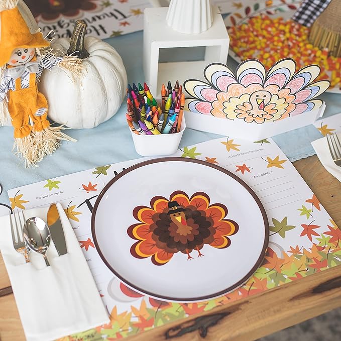 Tiny Expressions - Thanksgiving Plates for Kids - Set of 4 Melamine Thanksgiving Plates with Cute Turkey Designs for Children - Perfect for Holiday Meals and Celebrations