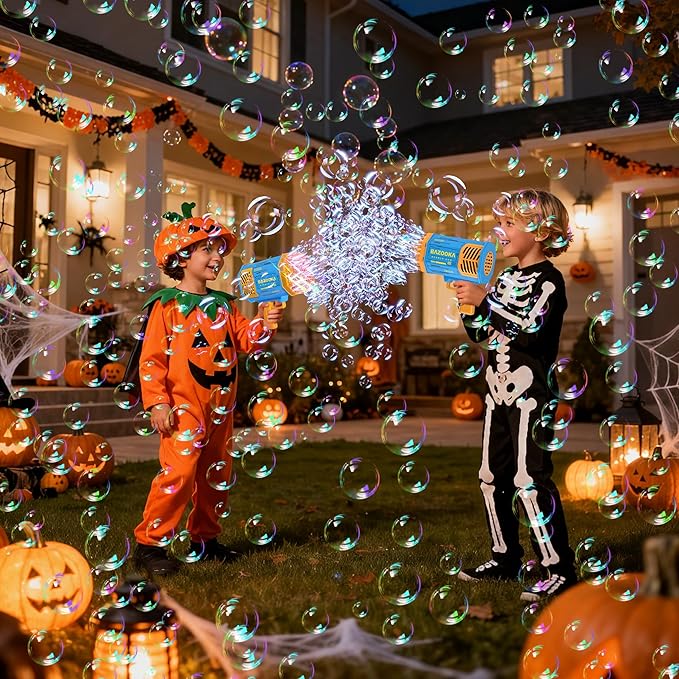 Bubble Gun Bazooka Machine with Solution - 69 Holes Blaster for Outdoor Summer Toy, Party Favors - Blue Halloween Bubble Maker Blowers for Kids