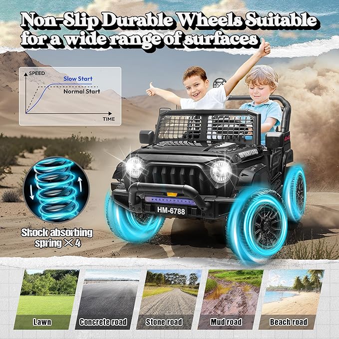 2 Seater Ride on Car for Kids, 24V Electric Power Ride on Truck Toy with Remote Control, 200W Motor, LED Lights, Music, 3 Speed, 4 Wheel Suspension Spring, Soft Start, Safety Belt