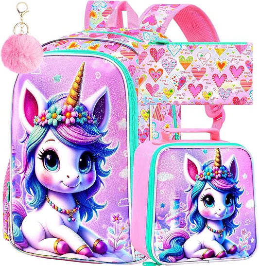 CCJPX 16" Unicorn Backpack for Girls, 3Pcs Kids Bookbag with Lunch Box, Water Resistant Elementary School Bag for Kindergarten Preschool Toddler (Pink)