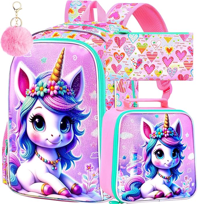 CCJPX 16" Unicorn Backpack for Girls, 3Pcs Kids Bookbag with Lunch Box, Water Resistant Elementary School Bag for Kindergarten Preschool Toddler (Pink)