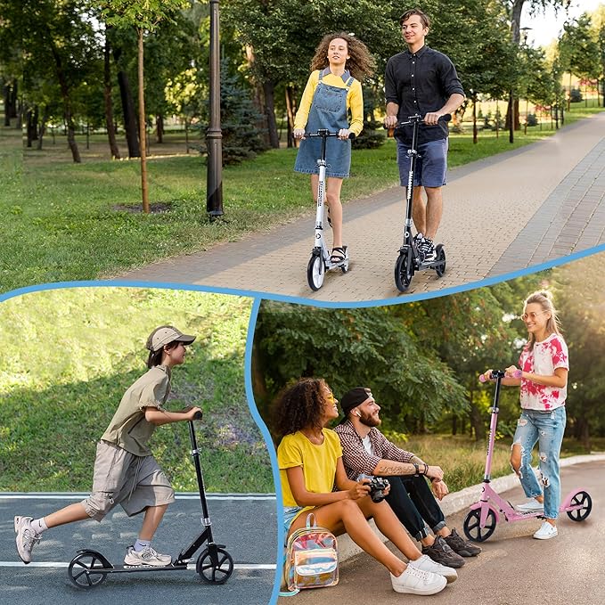 Kick Scooter for Kids Ages 6+, Teens & Adults, Adjustable Handlebars, Rear Brake, Big Wheel Foldable Scooter for Indoor & Outdoor