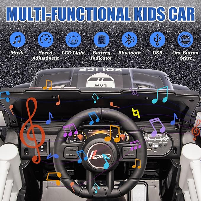 Ride on Police Car, 12V Kids' Electric Vehicles W/Parents Control, Ride on Toys for Toddlers with Music, Bluetooth, Four-Wheels Suspension, USB, Headlights, Police