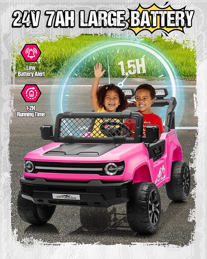 24V Ride on Toys for Big Kids, 2 Seater Electric Car w/22'' Large Seat, Remote Control, Shovel, 4X200W Engines, 4WD/2WD Switchable, Truck Bed Storage, Ride On Truck Toy for Boy Girl, Pink