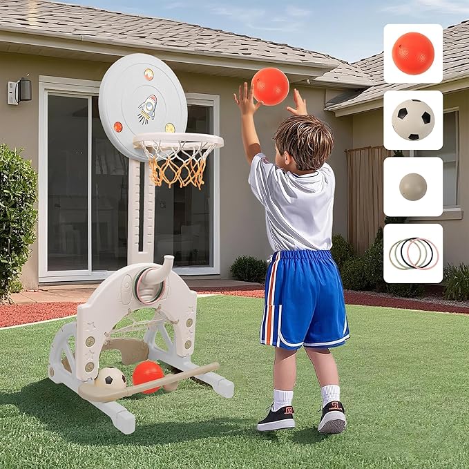 4-in-1 Toddler Basketball Hoop Adjustable Height Indoor Outdoor Sports Center for Kids Aged 1-3 Basketball, Soccer, Hockey & Ring Toss, Grey and White