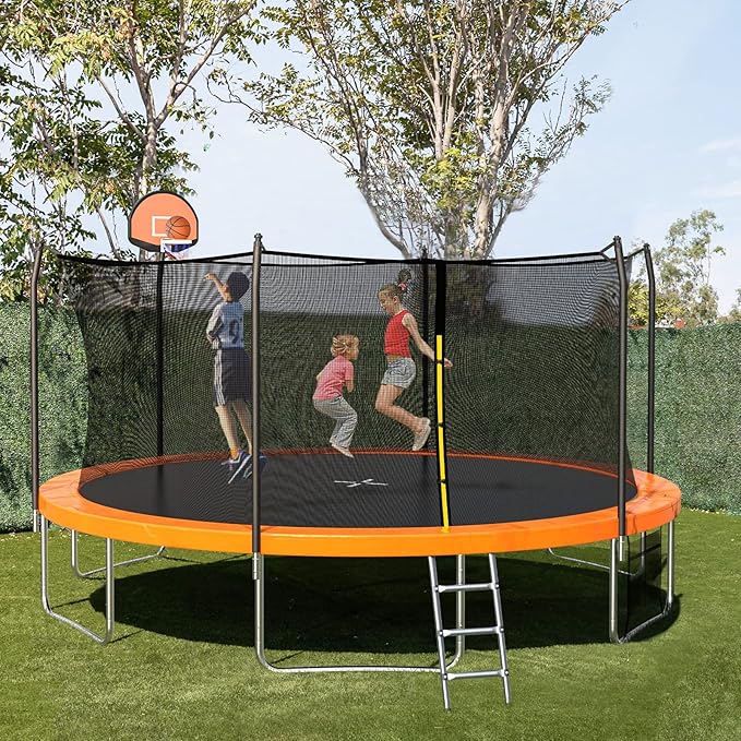 SKOK Trampoline 8FT 10FT 12FT 14FT 15FT Trampolines with Enclosure Net, 400LBS Outdoor Trampolines for Kids with Basketball Hoop-ASTM Approved Trampoline for Children and Adults with Ladder