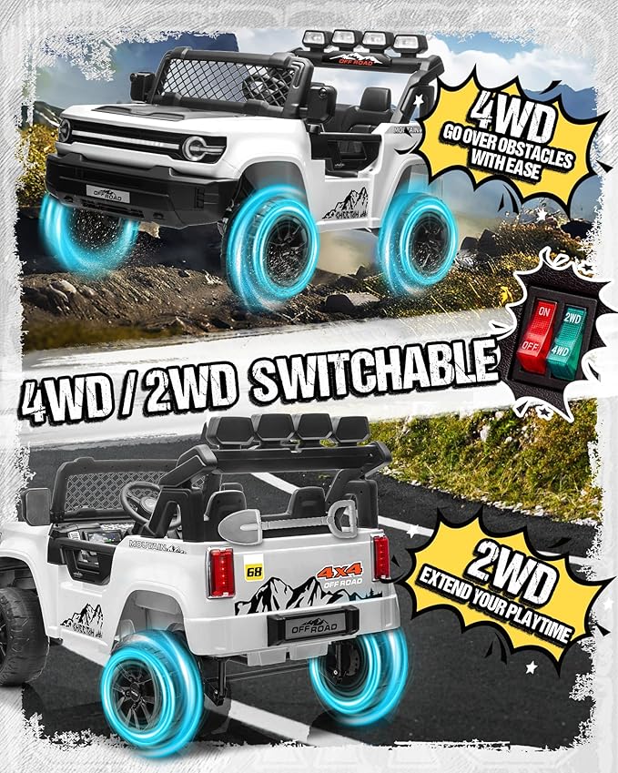 24V Ride on Toys for Big Kids, 2 Seater Electric Car w/22'' Large Seat, Remote Control, Shovel, 4X200W Engines, 4WD/2WD Switchable, Truck Bed Storage, Ride On Truck Toy for Boy Girl, White