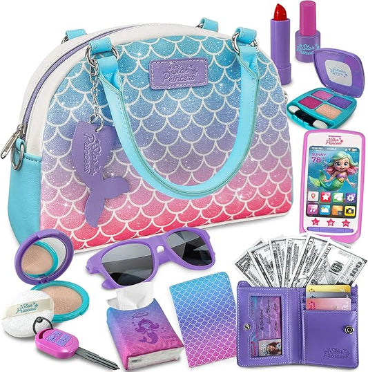 Play Purse for Little Girls and Toddlers - Mermaid Purse Toys for Kids Pretend Play Accessories: Phone, Wallet, Credit Cards, Keys, Pretend Makeup Mermaid Gift for Girl Age 3 4 5 6 7 8 Years and Up