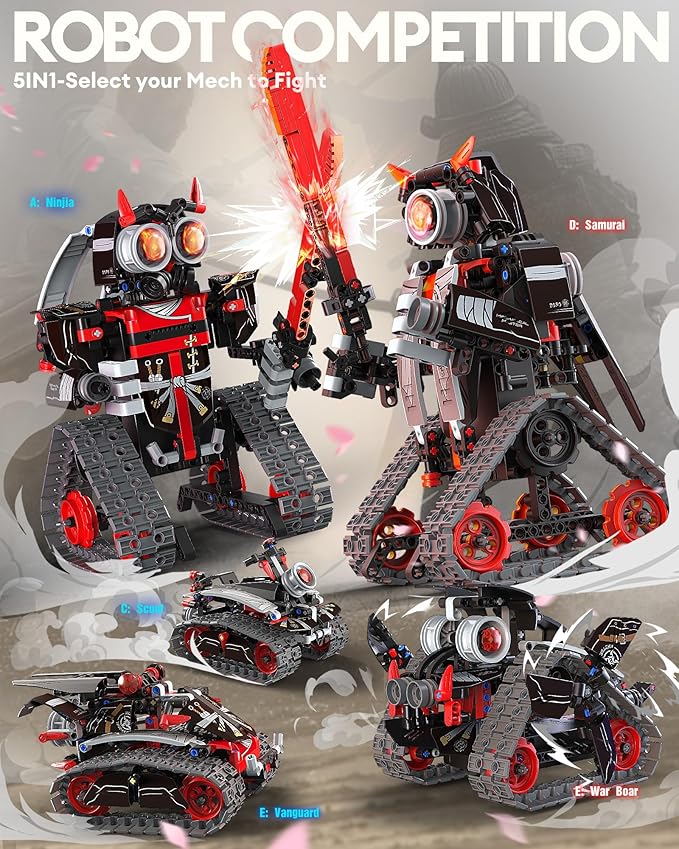 5 in 1 STEM RC Robot Building Kit, APP & Remote Control Samurai/Ninja Blocks 419 Pcs, Erector Set RC Toy for Kids, DIY Build Science Educational Gift for Age 6 7 8 9 10 11 12+ Boys & Girls