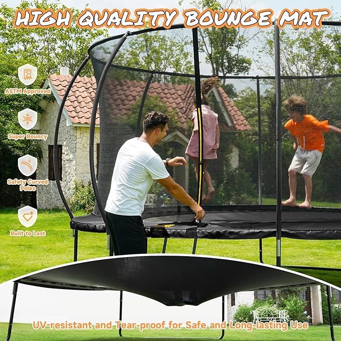 10FT 12FT 14FT 15FT 16FT Outdoor Trampoline with Enclosure Net, Heavy Duty Yard Trampolines, ASTM Approval Recreational Trampolines for Kids and Adults