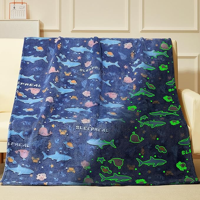 Glow in The Dark Whale Blanket,Ocean Whale Gifts Toys for Boys Girls, Birthday Presents Decor for Kids Age 3-14 Year Old Son Teen Child Toddler Luminous Christmas Bedroom Throw Blanket 50"x60"