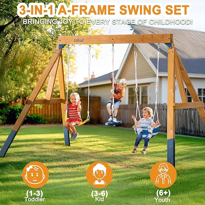 ROBUD 3-in-1 Playground Wooden Swing Sets for Backyard, DIY Swing Sets with Tree Swing and 2 Toddler Swings, Kids Outdoor Play Equipment, Outdoor Playset for Kids & Toddlers, Ages 3+