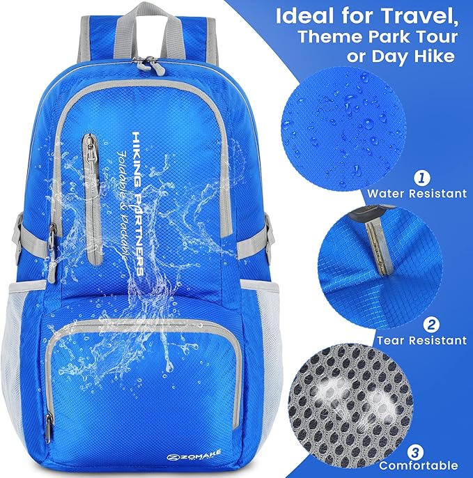 ZOMAKE Lightweight Packable Backpack, 35L Light Foldable Hiking Backpacks Water Resistant Collapsible Daypack for Travel(Dark Blue)