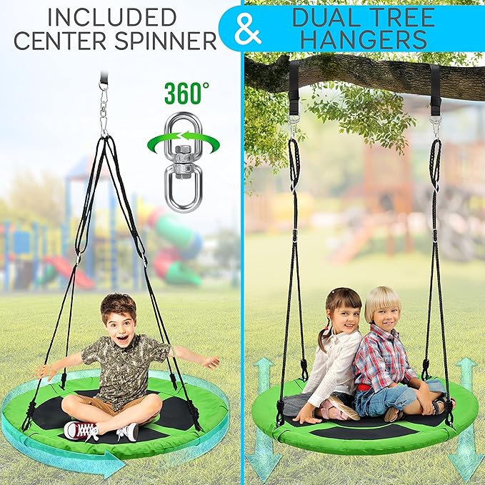 SereneLife 40" Kids Hanging Tent Swing, Outdoor Saucer Swing with Rope Straps (Green), Large