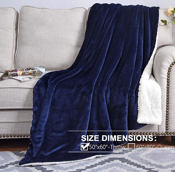 NANPIPER Sherpa Blanket Warm Blankets for Winter Super Soft Fuzzy Flannel Fleece/Wool Like Reversible Velvet Plush Couch Blanket Lightweight(Navy Blue Throw Size 50"x60")