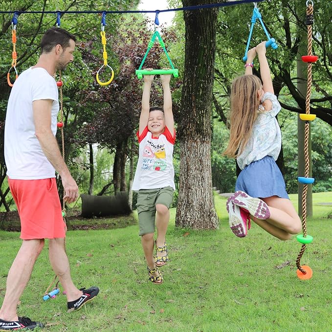 Craft Ninja Warrior Obstacle Course Accessories Kids Outdoor Play - 7pc Rings, 2pc Swing Trapeze Wheels & 2pc Monkey Bars