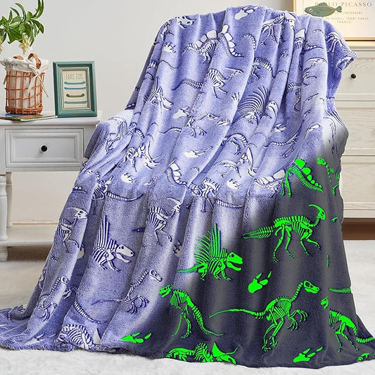 inhand Dinosaur Toys for Kids Glow in The Dark Dinosaur Blanket Christmas Birthday Valentine's Day Easter Party Decorations Favors,3 4 5 6 7 8 9 10 11 12 13 Year Old Boy Gifts（50"X60" Blue Dino