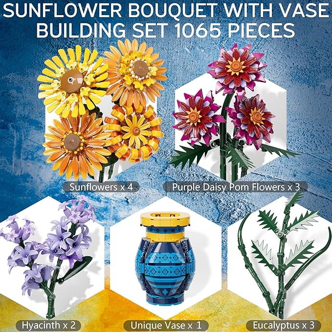 Sunflower Bouquet Building Blocks with Vase Set, 1065 PCS Botanical Collection Christmas Birthday Gifts for Adults Women Men Teen Girls, Artificial Flower Home Decor Gifts for Her Him Mom Wife Grandma