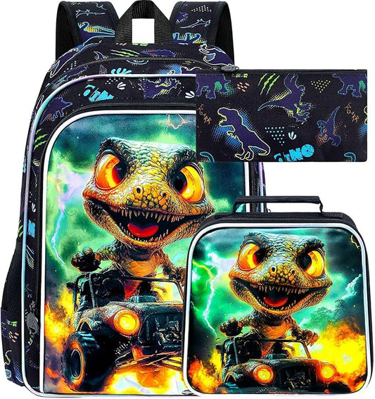 16" Dinosaur Backpack for Boy, 3Pcs Truck Bookbag with Lunch Box, Kids School Backpacks for Elementary Preschool Kindergarten (Black)