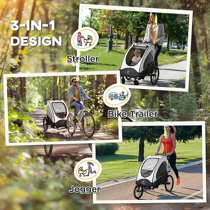 Aosom Bike Trailer for Kids 3 In1 Foldable Child Jogger Stroller Baby Stroller Transport Carrier with Shock Absorber System Rubber Tires Adjustable Handlebar Kid Bicycle Trailer
