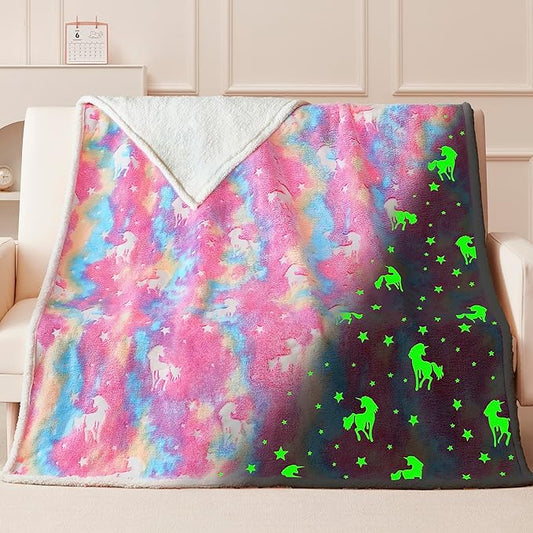 QSTEHEML Unicorns Glow in The Dark Blanket,Unicorn Gifts Sherpa Fleece Throw Blanket for Girls Age 3-12 Year Old, for Teens- Christmas Birthday Bedroom Decor 50"×60"