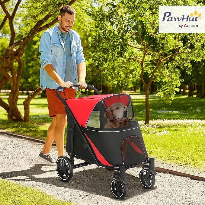 PawHut Dog Stroller for Large Medium Small Dogs up to 66 Lbs. 23.5" in Body Length, One-Click Foldable Pet Cat Stroller with Storage, Shock Absorption Wheels, Mesh Window, Safety Leash, Red