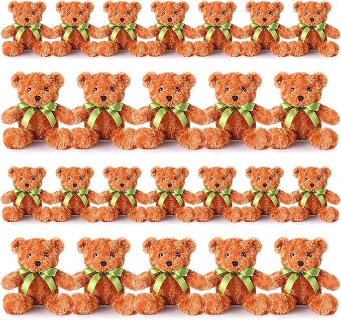 Hungdao 24 Pcs Bear Bulk Plush Stuffed Animals 10 Inch Cute Soft Stuffed Bear with Green Bow for Baby Shower Birthday Party Gift (Light Brown)