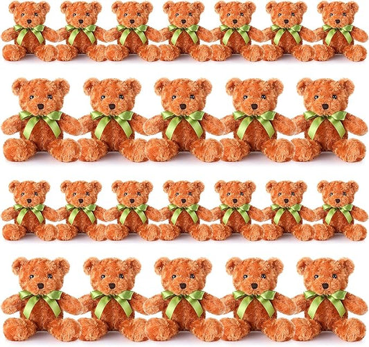 Hungdao 24 Pcs Bear Bulk Plush Stuffed Animals 10 Inch Cute Soft Stuffed Bear with Green Bow for Baby Shower Birthday Party Gift (Light Brown)