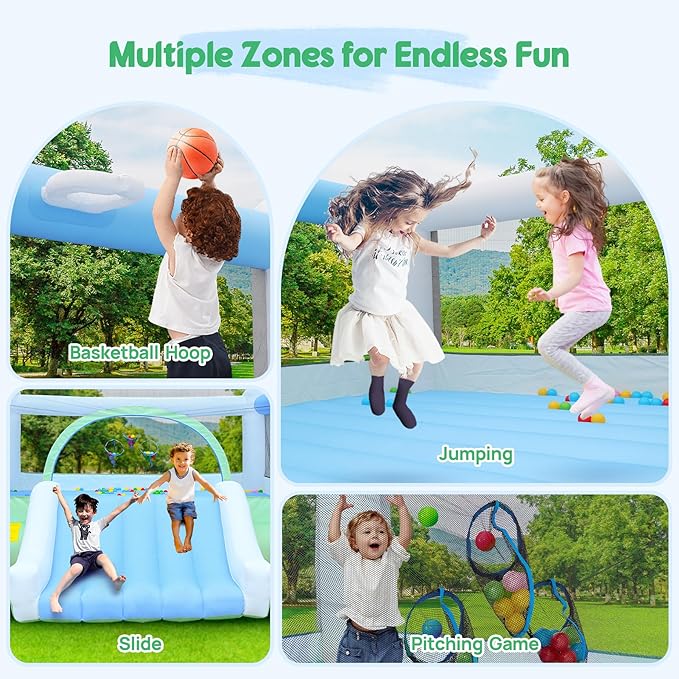 Large Bounce House for Big Kids, 14.8 x 14.5 FT Inflatable Bouncer Jumper Slide with 650W Blower, Basketball Hoop, Throw Ball Game, Ball Pits White