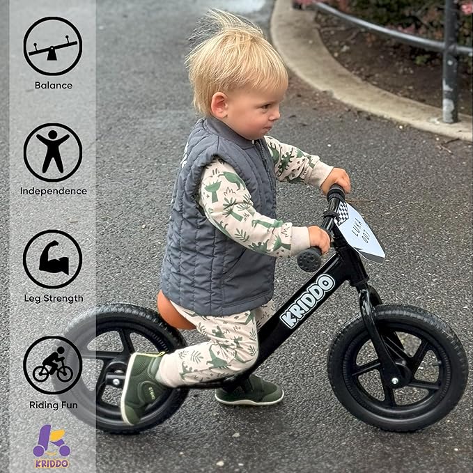 KRIDDO Toddler Balance Bike 2 Year Old,12 Inch Push Bicycle with Customize Plate (3 Sets of Stickers Included), Steady Balancing, Gift Bike for 2-5 Boys Girls, Black