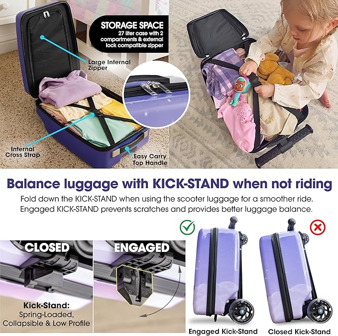 KIDDIETOTES Detachable 4-in-1 Scooter Luggage for Kids – Ride-On Suitcase with Removable Luggage Body, Adjustable Handlebar, Durable Deck & Brake, Carry-On Size – Travel & Play