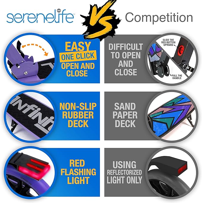 SereneLife Kick Scooter Adult Teenagers Kids- 2 Wheel Kids Scooter with Adjustable T-Bar Handlebar - Alloy Anti-Slip Deck - Portable Folding Scooters for Kids with Carrying Strap