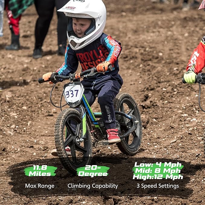 OLALA Electric Dirt Bike for Kids Aged 5-10, 340W Racing Grade Electric Motorcycle with Aluminum Frame, Up to 12MPH & 3 Speed Settings, Safe Disc Brakes, 16IN Knobby Tires