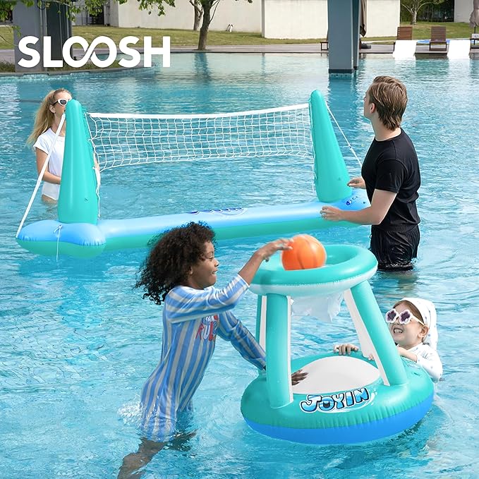 JOYIN XL Inflatable Pool Float Set, 125'' Volleyball Net & Basketball Hoops, Extra Large Floating Swimming Game Toy for Kids and Adults, Summer Floaties, Volleyball Court|Basketball, XL-Blue, Cyan