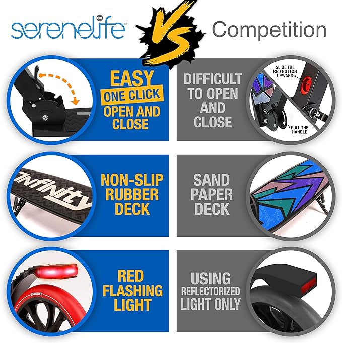 SereneLife Kick Scooter Adult Teenagers Kids- 2 Wheel Kids Scooter with Adjustable T-Bar Handlebar - Alloy Anti-Slip Deck - Portable Folding Scooters for Kids with Carrying Strap