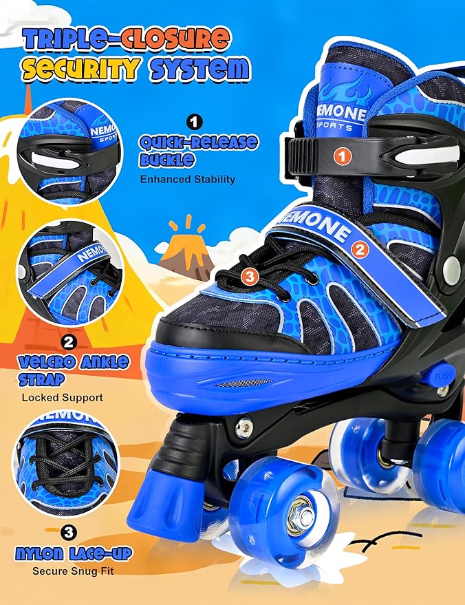 NEMONE Roller Skates for Boys Kids Ages 4-6 5-8 6-12 8-12 with 4 Sizes Adjustable Light up Wheels, Todder Beginner Rollerskates Indoor Outdoor Sports