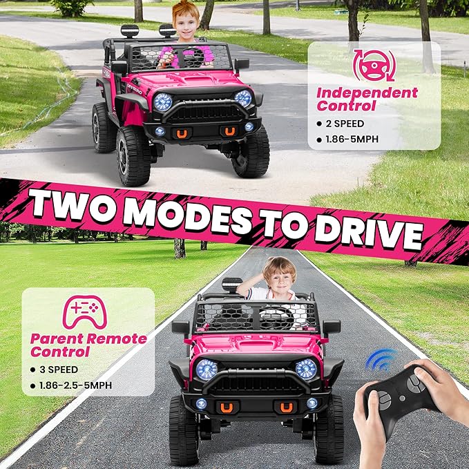 JOYRACER 24V 2 Seater Ride On Toys for Big Kids, 800W Power Truck Wheels with Remote Control, 4WD/2WD Switchable, 20" Spacious Seat, Soft Start, Bluetooth, Electric Car for Kids Ages 3-8, Rose Red