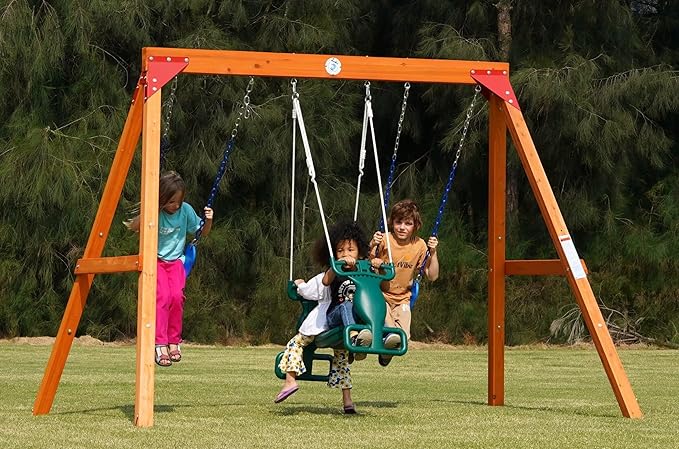 Dolphin Playground DIY Swing Sets for Backyard, Wooden Playground Sets for Backyards with Glider Swing and 2 Belt Swings, Kids Outdoor Play Equipment, Outdoor Playset for Any Swing Replacements