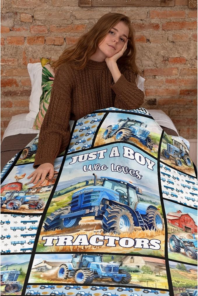 Tractor Blanket Farm Harvester Blankets,Just A Boy Who Loves Tractors Flannel Blanket Gifts for Girls Boys,Soft Warm Lightweight Blanket for Room Decor, 90"x120"for Whole Family