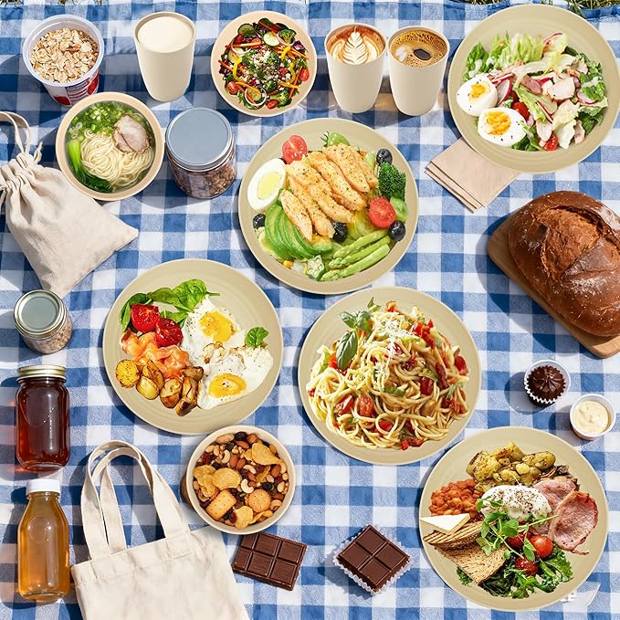 Kitchen Wheat Straw Dinnerware Sets for 4, Unbreakable Kids Dish Set 20 PCS - Dinner Plate/Cereal Bowl/Cup/Fork/Spoon, for Outdoor Camping, RV, Apartment Essentials - Beige