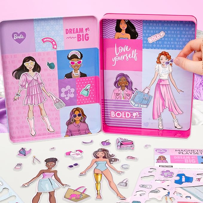Barbie D.I.Y. Magnetic Play Set, 75 Pieces, 3 Magnetic Dolls, Crafts for Kids Ages 4-8, 4 Year Old Girl Birthday Gifts, Girl Toys, Cute Travel Toy, Fun Airplane Activities, Pretend Play for Girls