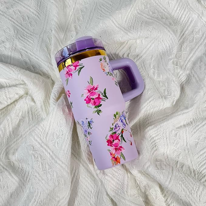 14 oz Tumbler with Handle and Straw, 14oz Toddler Tumbler with Lid and Straw for Kids Stainless Steel Tumblers, Outdoor Sports Travel School Gift, Keeps Drinks Cold up to 24 Hrs(Purple Flower)