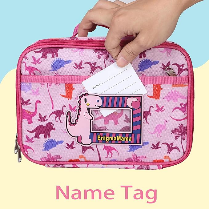 Kids Lunch Bag Set for Girl Dinosaur Lunch Bag with Name Tag & 6-Compartment Lunch Bento Box Insulated Lunch Tote (Pink bag+box