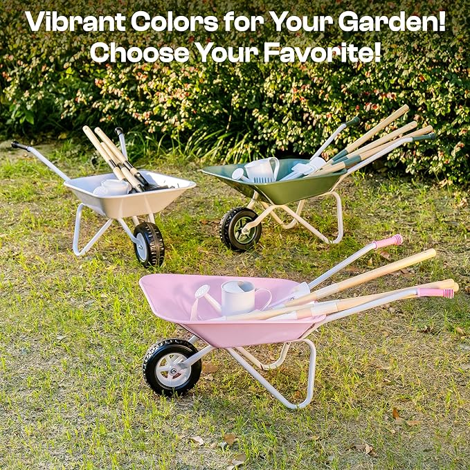 ROBOTIME Kids Wheelbarrow with Gardening Set – Metal Wheelbarrow Toddler Outdoor Play Toy with Garden Tools, Watering Can & Plant Labels, Pretend Play Yard Equipment for Boys and Girls (Grayish white)