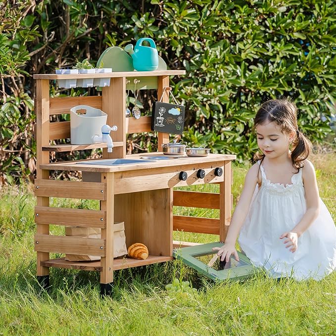 ROBOTIME Mud Kitchen, Outdoor Play Kitchen for Kids – Wooden Mud Kitchen Pretend Playset with Removable Sink & Chalkboard, Cooking Accessories, Gift for Boys Girls Ages 3+