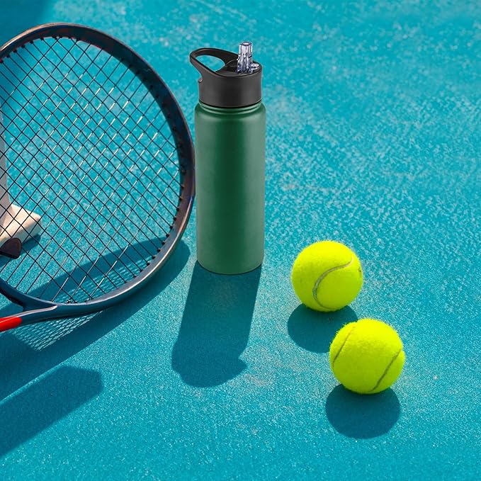 24 oz Insulated Water Bottle with Straw Lid & Wide Mouth Lids, Stainless Steel Sports Water Bottles, Double Walled Vacuum, Leak Proof, Dark Green