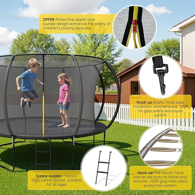 10 FT 12 FT 14 FT Trampoline for Kids Adults, ASTM Approved, Outdoor Round Trampoline with Enclosure Net Ladder, Recreational Trampolines for Backyard Family Play